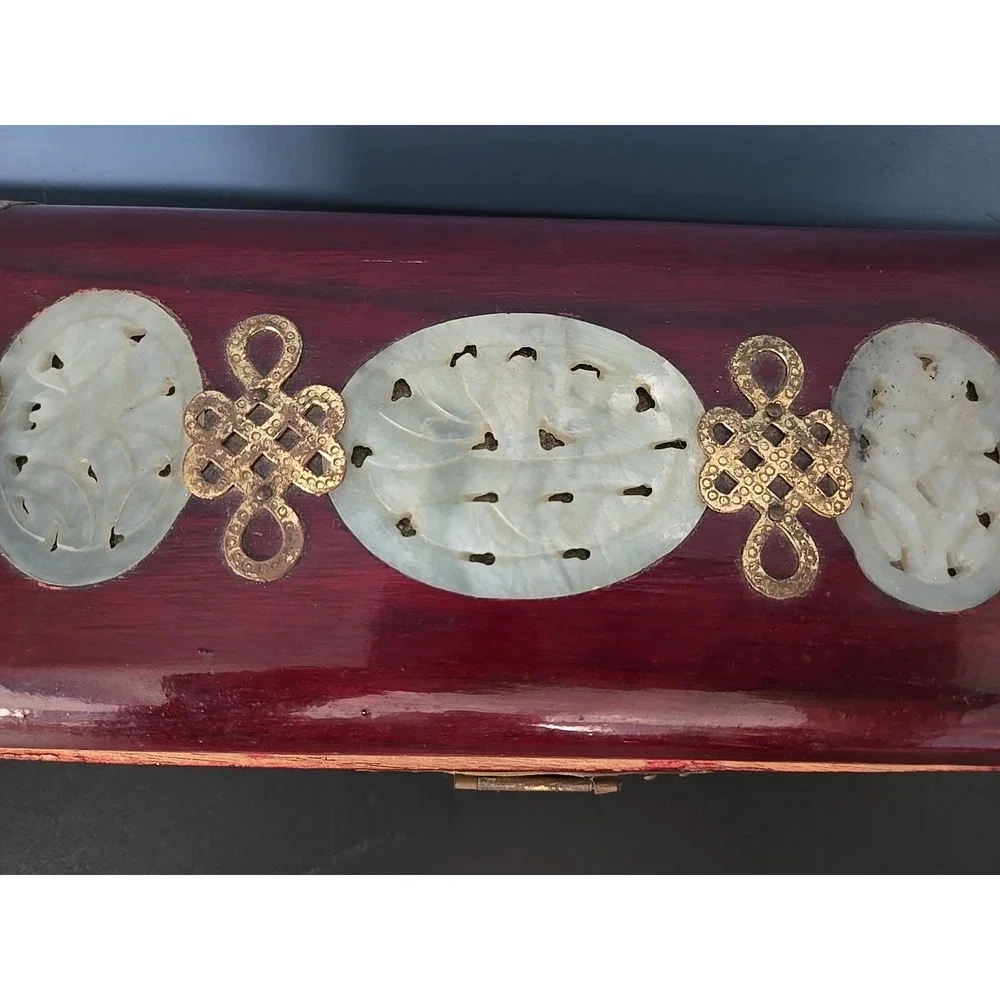 Vtg Chinese Wooden Jewelry Box w Ornate Brass & White Jade Silk Lined Redwood
